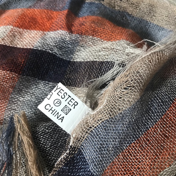 Boho Fringed Shawl Wrap Scarf Gray Rust Navy Plaid - Picture 11 of 12